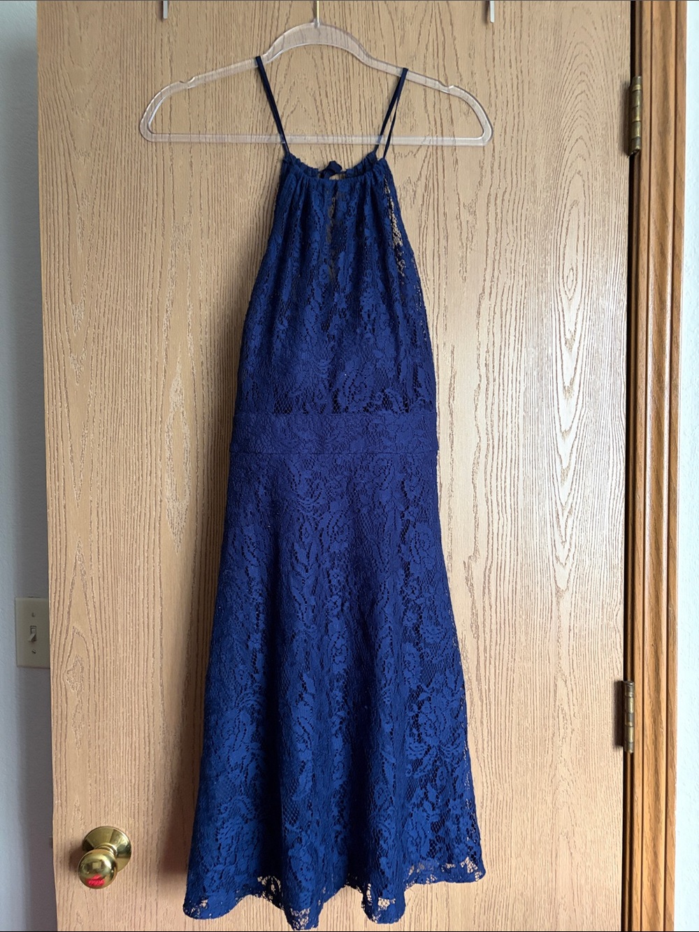 Navy Lace Halter Midi Dress - Elegant Evening Dress